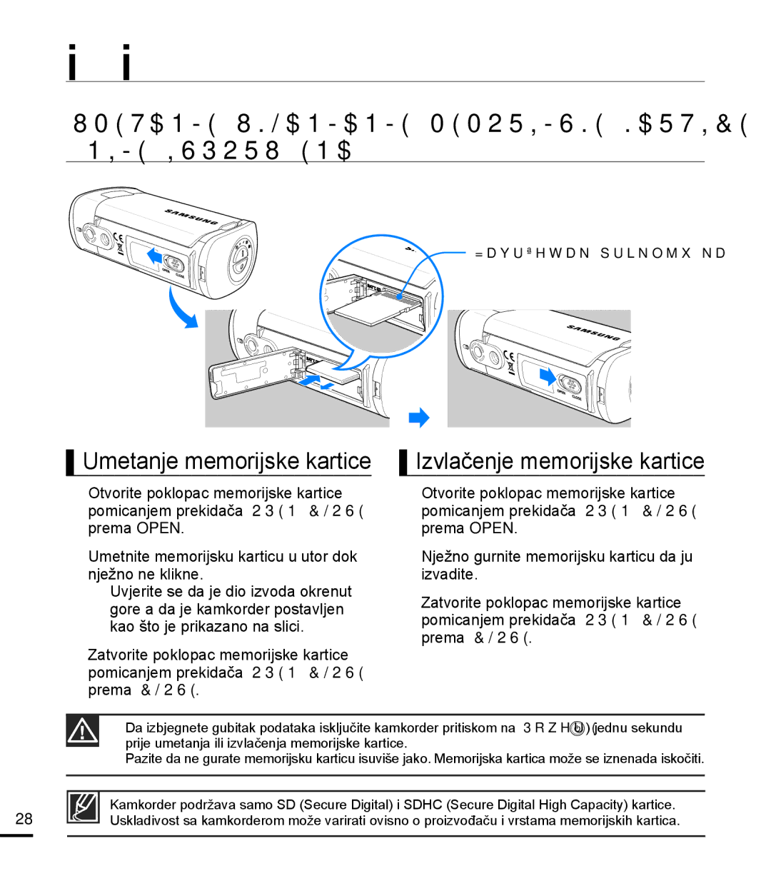 Samsung HMX-T10BP/EDC manual Priprema za početak snimanja, UMETANJE/UKLANJANJE Memorijske Kartice Nije Isporučena 