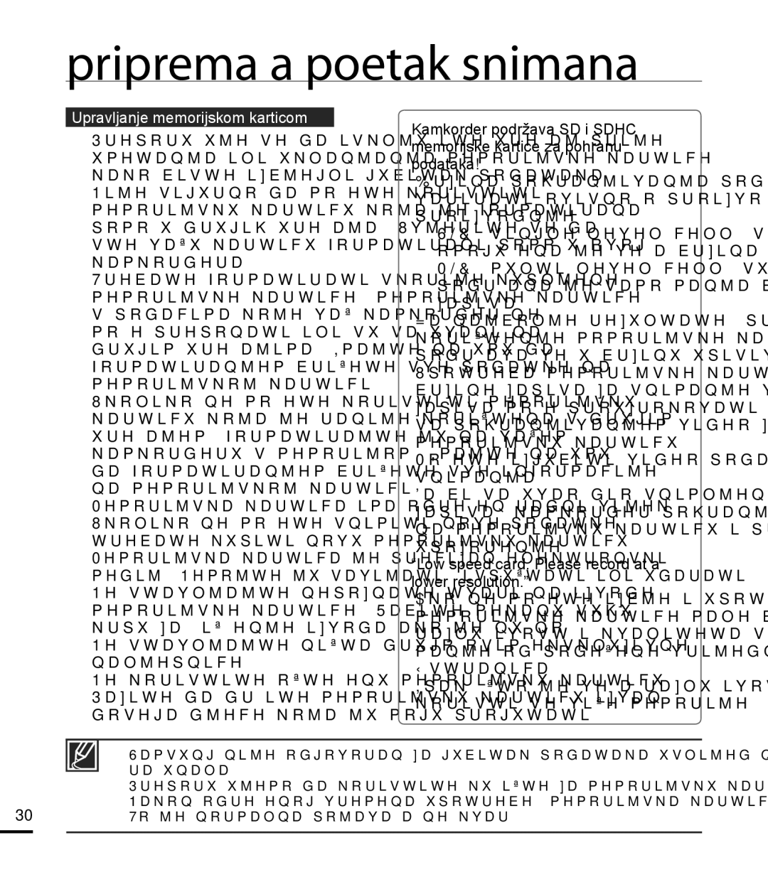 Samsung HMX-T10BP/EDC manual Upravljanje memorijskom karticom, Low speed card. Please record at a lower resolution 