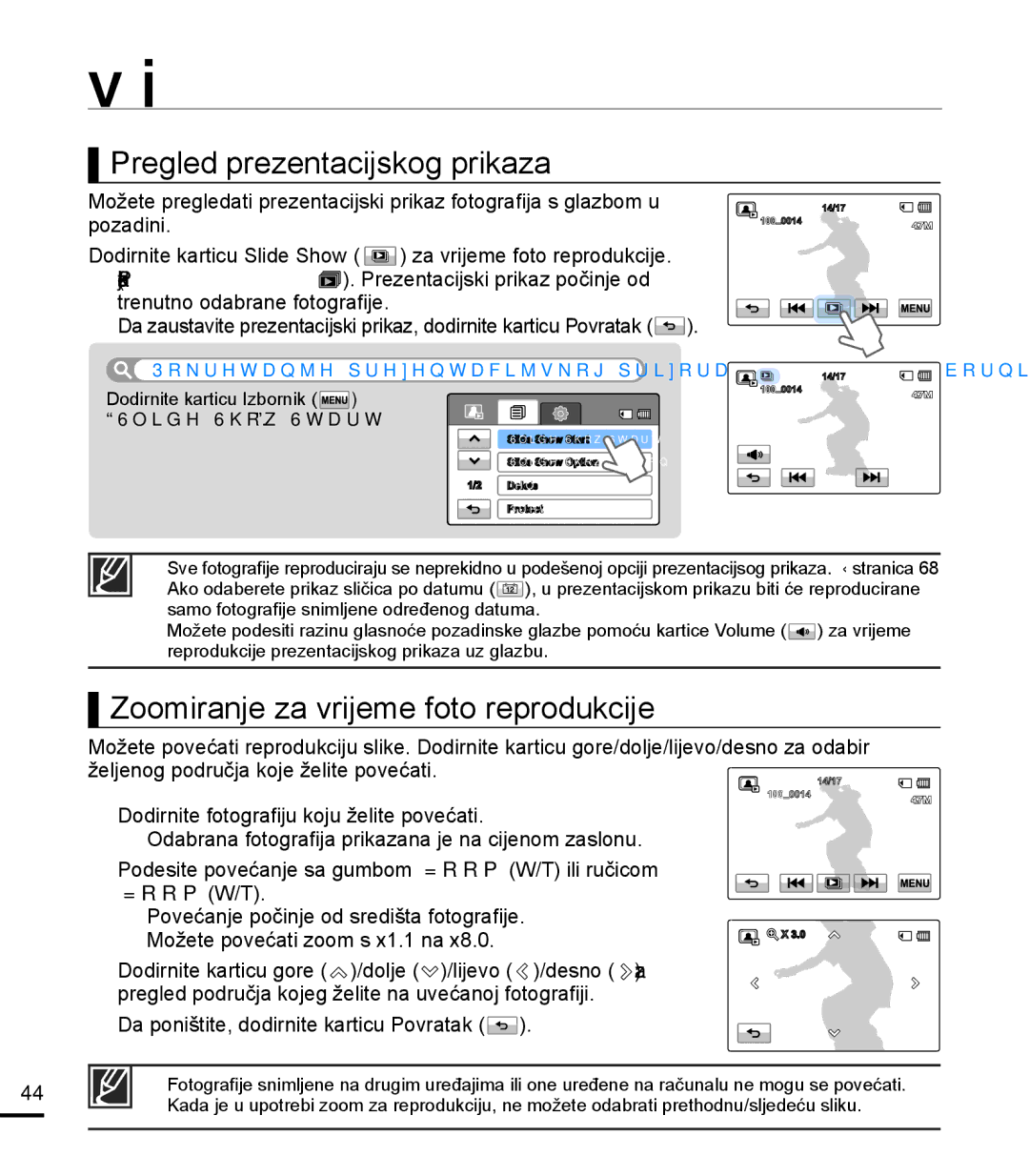 Samsung HMX-T10BP/EDC manual Pregled prezentacijskog prikaza, Zoomiranje za vrijeme foto reprodukcije 