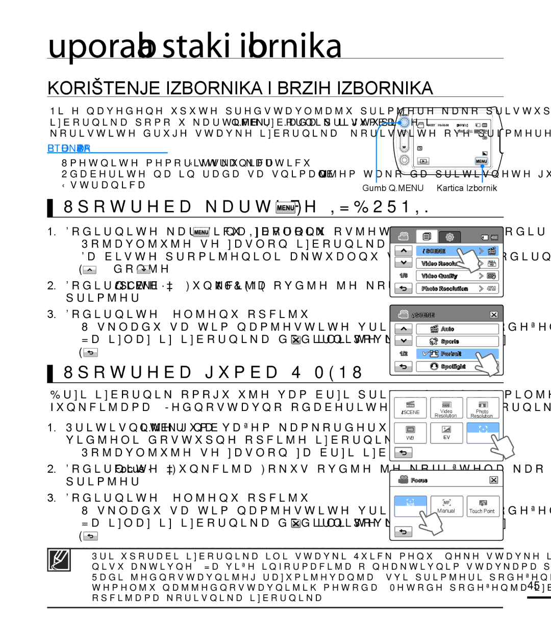 Samsung HMX-T10BP/EDC manual Uporaba stavki izbornika, Korištenje Izbornika I Brzih Izbornika, Upotreba kartice Izbornik 