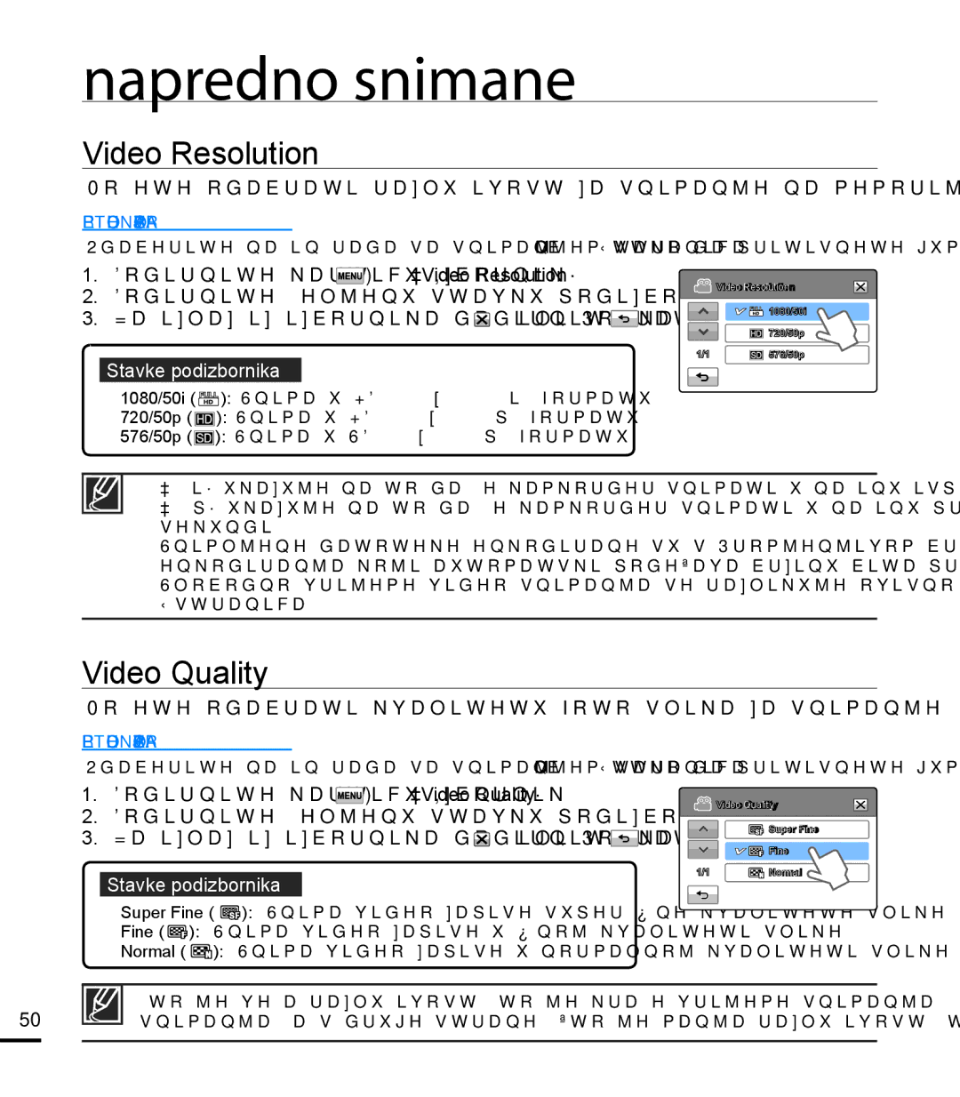 Samsung HMX-T10BP/EDC manual Video Resolution, Video Quality, Možete odabrati kvalitetu foto slika za snimanje 