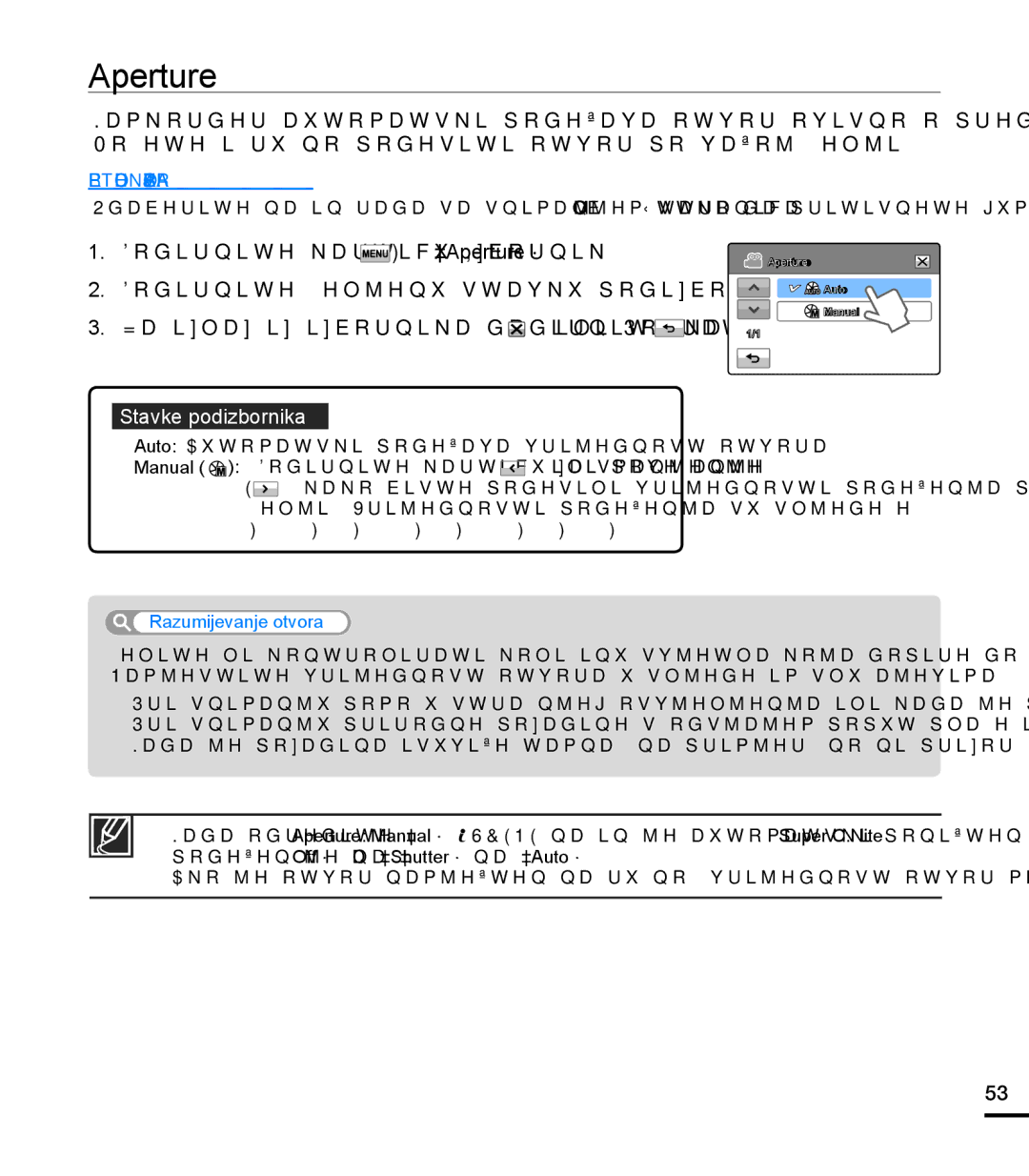 Samsung HMX-T10BP/EDC manual Dodirnite karticu Izbornik  Aperture, Razumijevanje otvora 