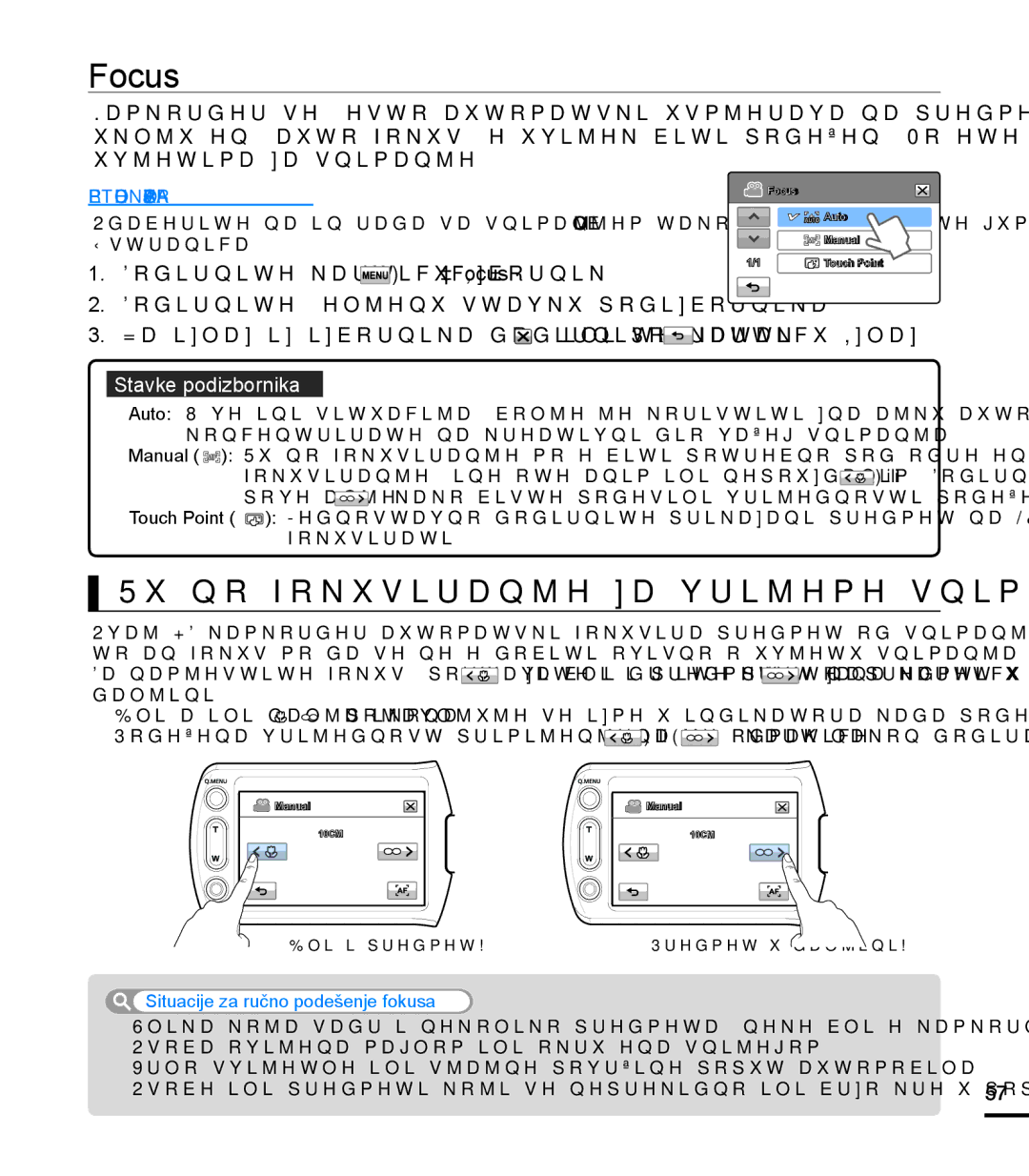 Samsung HMX-T10BP/EDC manual Focus, Ručno fokusiranje za vrijeme snimanja, Situacije za ručno podešenje fokusa 