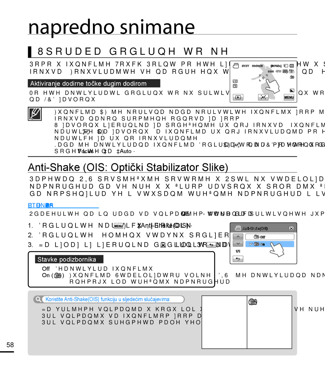 Samsung HMX-T10BP/EDC manual Anti-Shake OIS Optički Stabilizator Slike, Uporaba dodirne točke 