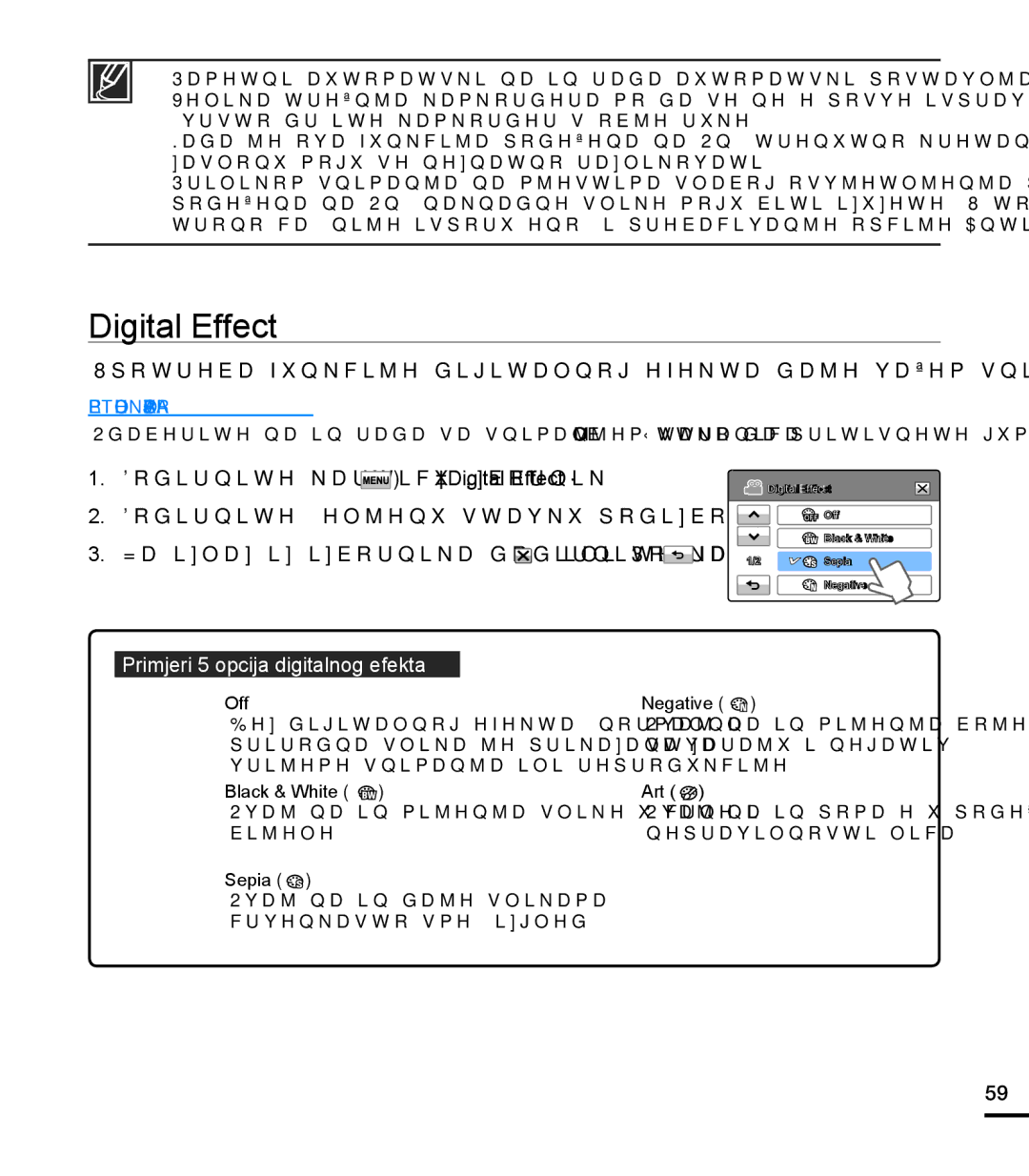 Samsung HMX-T10BP/EDC manual Digital Effect, Primjeri 5 opcija digitalnog efekta 