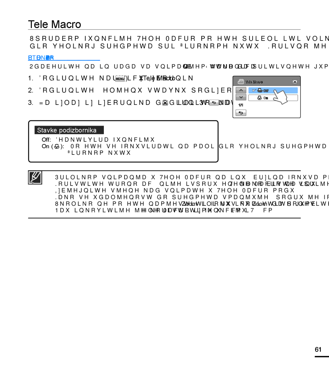 Samsung HMX-T10BP/EDC manual Dodirnite karticu Izbornik  Tele Macro 