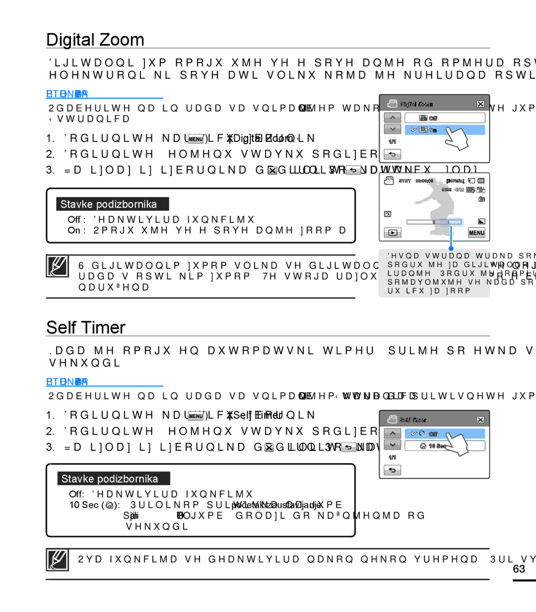 Samsung HMX-T10BP/EDC manual Digital Zoom, Self Timer, Sec Prilikom pritiska na gumb početak/zaustavljanje 