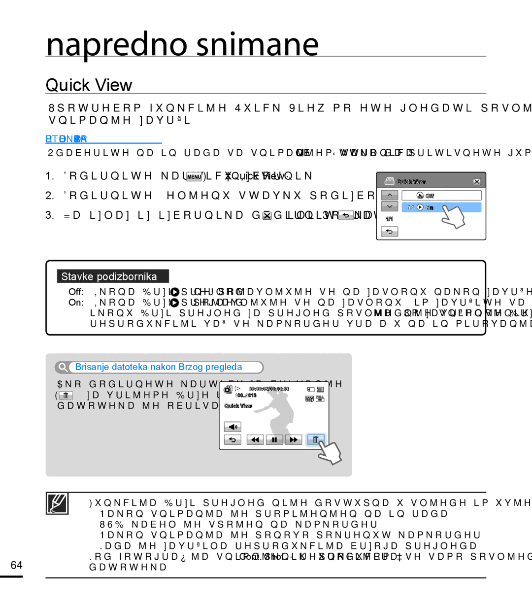 Samsung HMX-T10BP/EDC manual Quick View, Brisanje datoteka nakon Brzog pregleda 