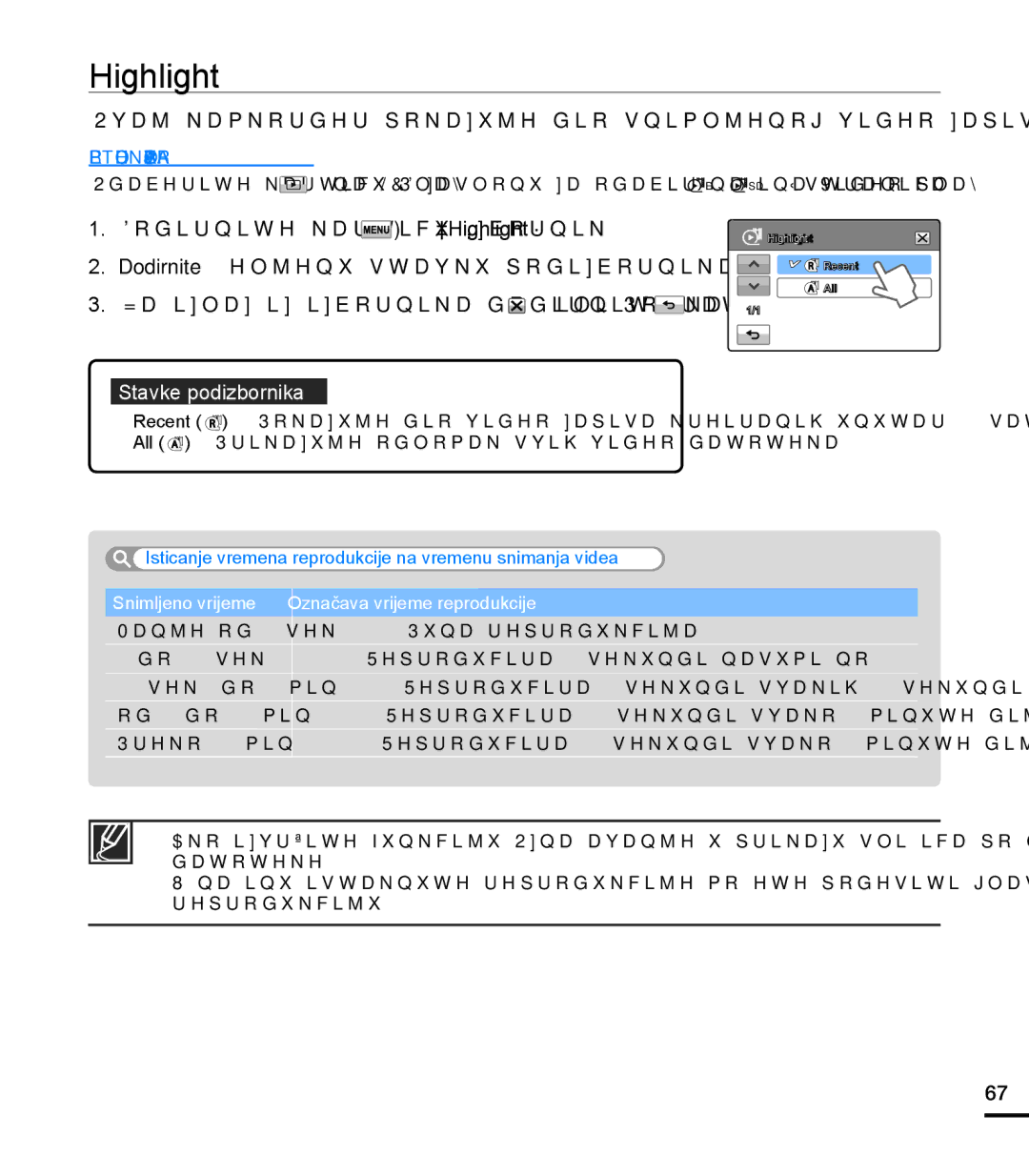 Samsung HMX-T10BP/EDC manual Highlight, Isticanje vremena reprodukcije na vremenu snimanja videa 