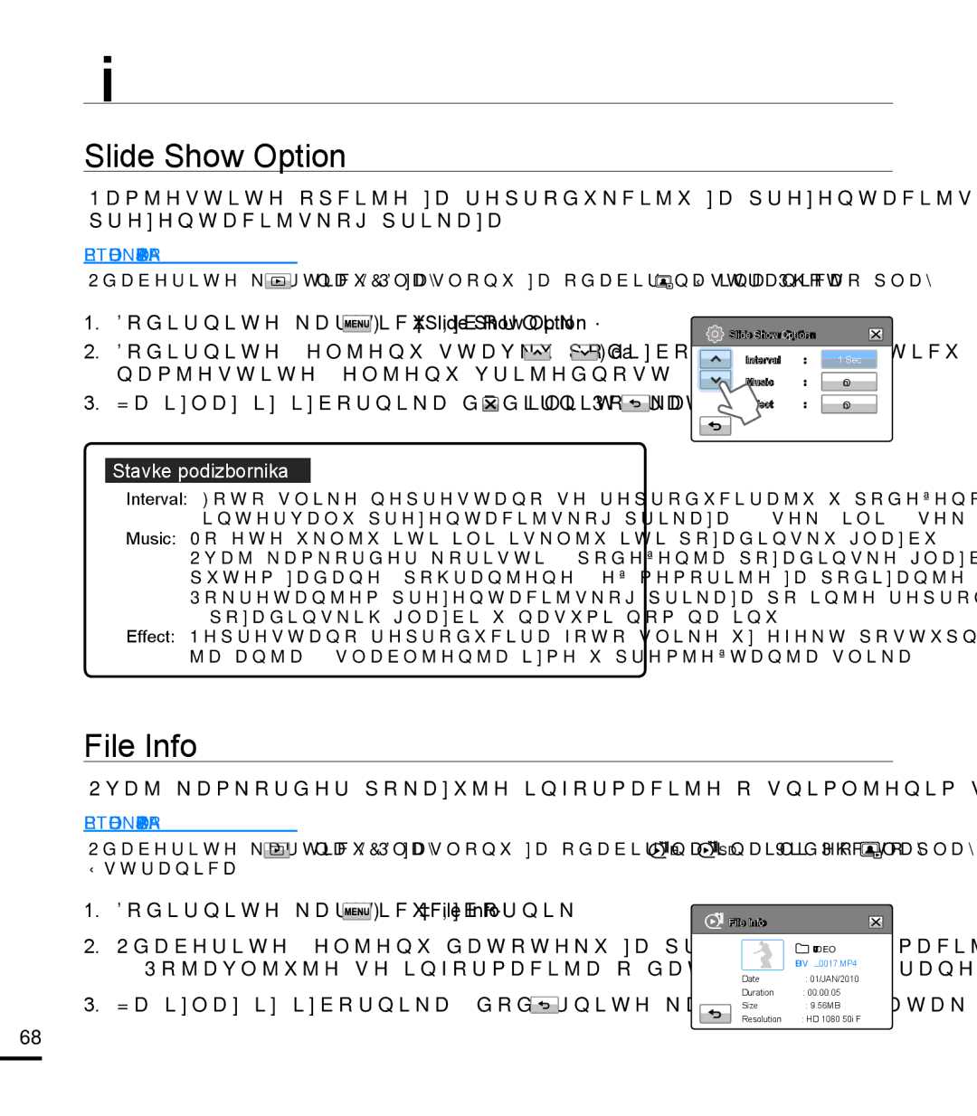 Samsung HMX-T10BP/EDC manual Slide Show Option, File Info, Ovaj kamkorder pokazuje informacije o snimljenim slikama 