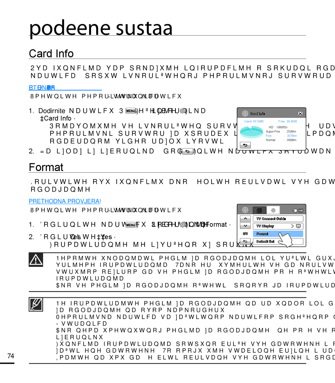 Samsung HMX-T10BP/EDC manual Card Info, Format, Dodirnite karticu Podešenje  izbornika  