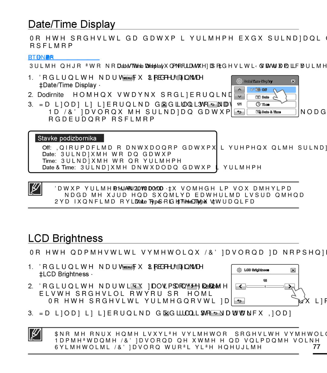 Samsung HMX-T10BP/EDC manual Date/Time Display, LCD Brightness 