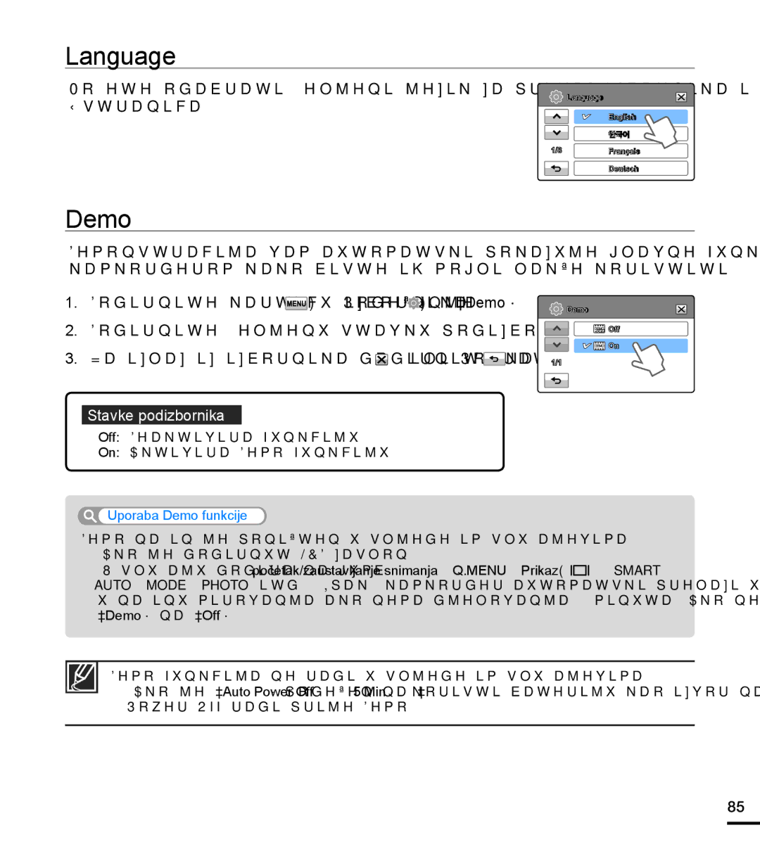 Samsung HMX-T10BP/EDC manual Language, Uporaba Demo funkcije 