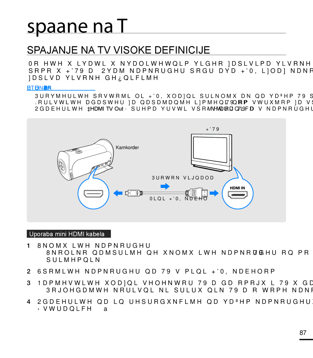 Samsung HMX-T10BP/EDC manual Spajanje na TV, Spajanje NA TV Visoke Definicije, Uporaba mini Hdmi kabela 