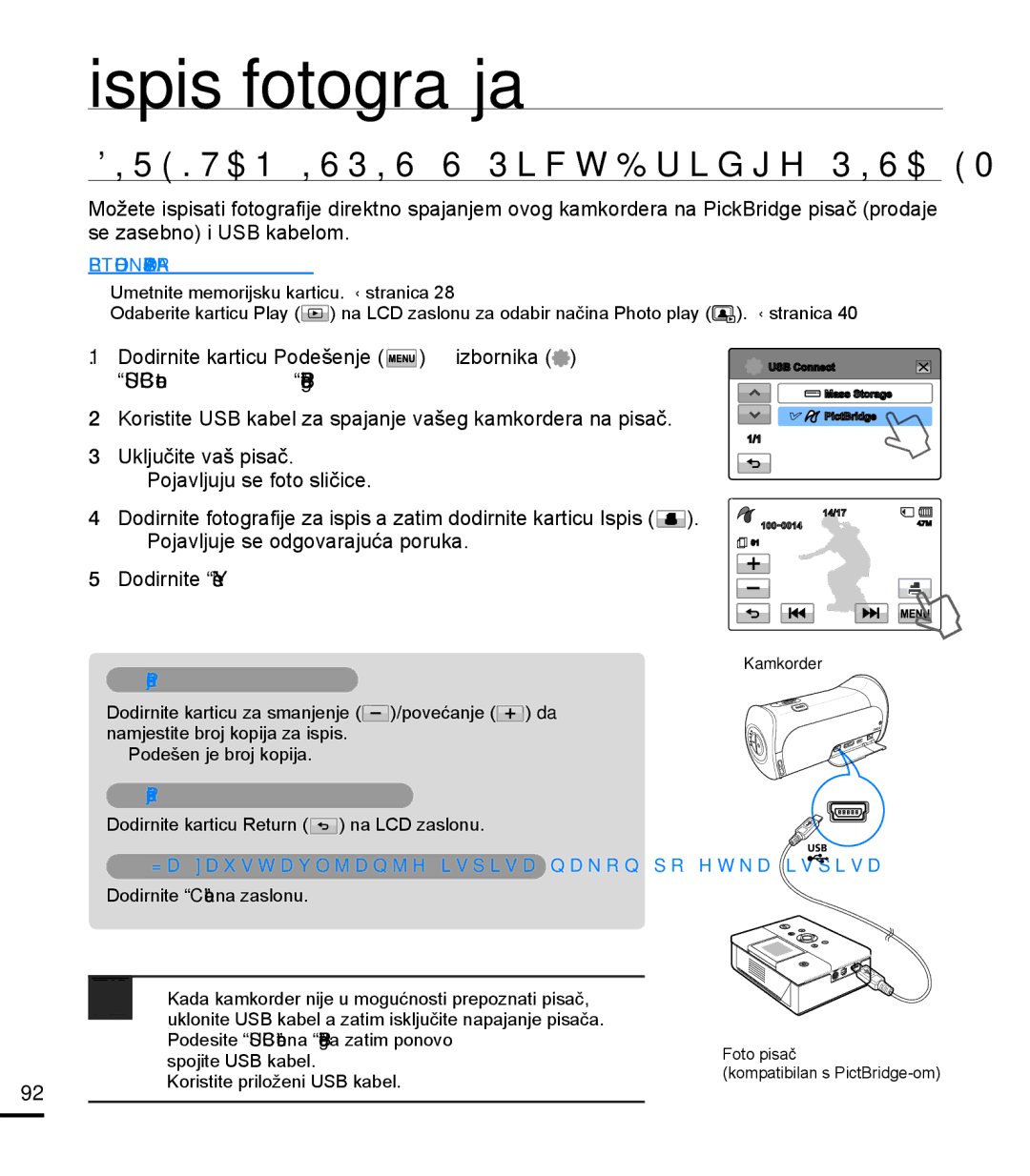 Samsung HMX-T10BP/EDC manual Ispis fotograja, Direktan Ispis S PictBridge Pisačem, USB Connect  PictBridge 