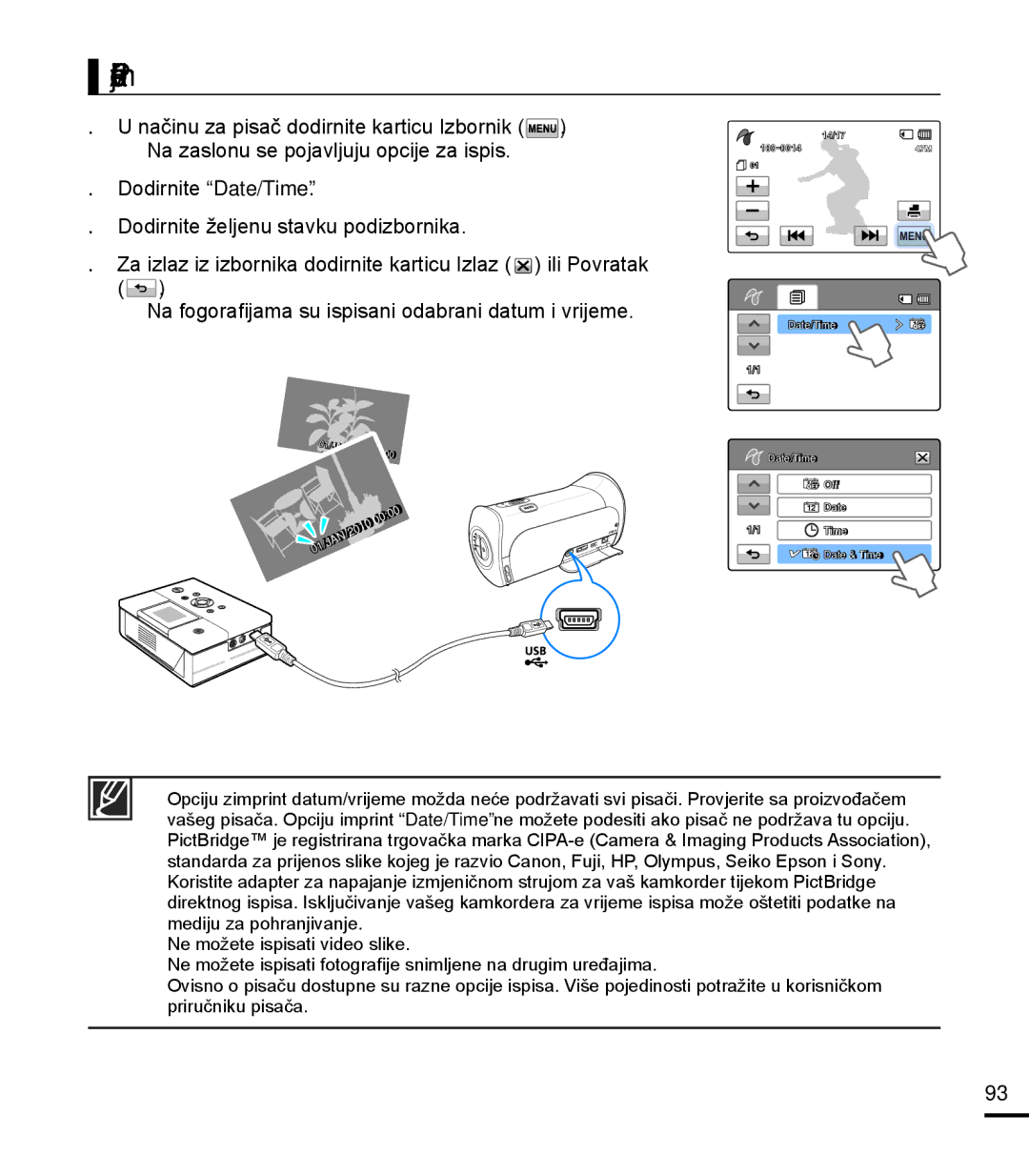 Samsung HMX-T10BP/EDC manual Podešenje datuma/vremena, Na fogoraﬁ jama su ispisani odabrani datum i vrijeme 