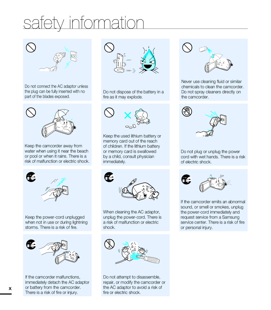 Samsung HMX-T10BN, HMX-T10ON, HMX-T10WN user manual Safety information 