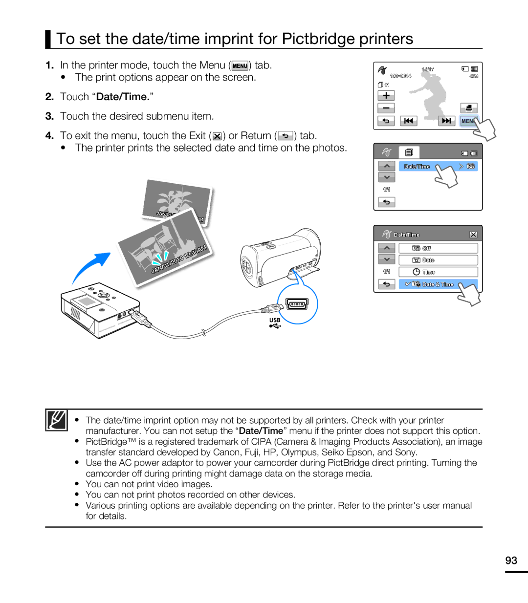 Samsung HMX-T10BN, HMX-T10ON, HMX-T10WN user manual To set the date/time imprint for Pictbridge printers 