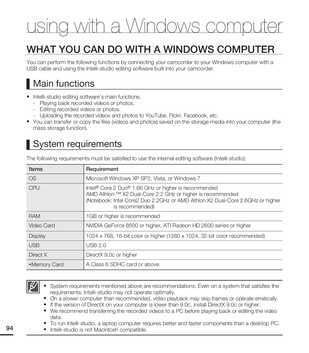 Samsung HMX-T10WN, HMX-T10ON, HMX-T10BN What YOU can do with a Windows Computer, Main functions, System requirements 