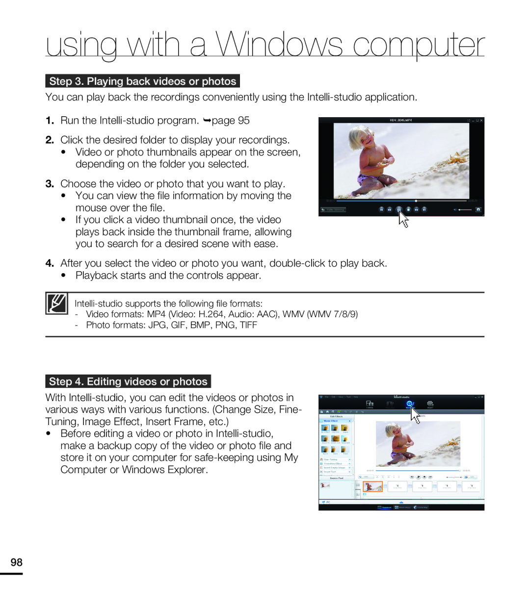 Samsung HMX-T10ON, HMX-T10BN, HMX-T10WN user manual Playing back videos or photos, Editing videos or photos 