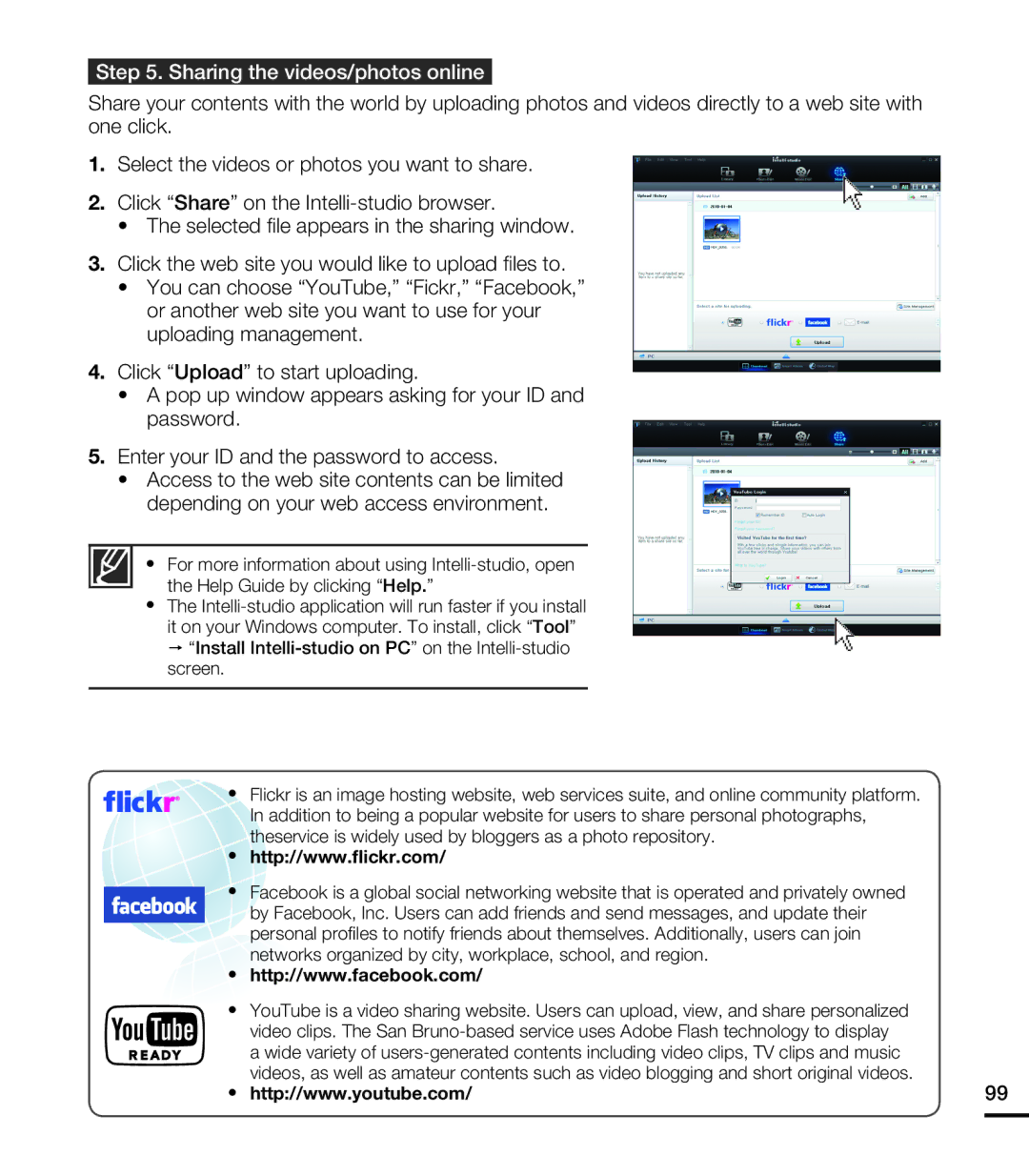 Samsung HMX-T10BN, HMX-T10ON, HMX-T10WN user manual Sharing the videos/photos online 