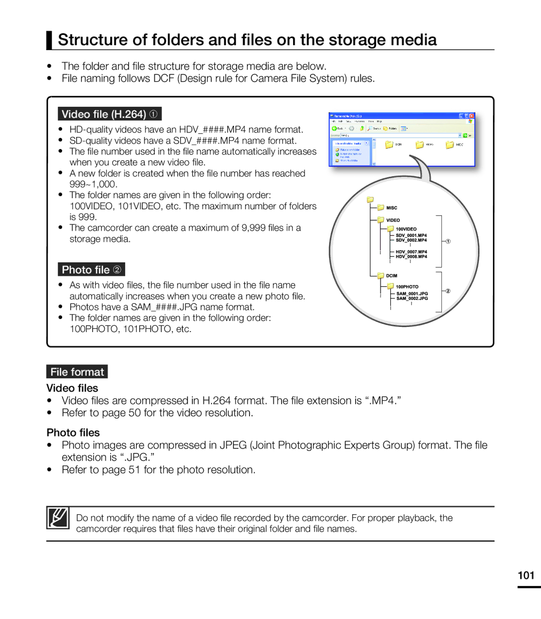 Samsung HMX-T10ON, HMX-T10BN, HMX-T10WN Structure of folders and ﬁles on the storage media, Photo ﬁle ➁, File format, 101 