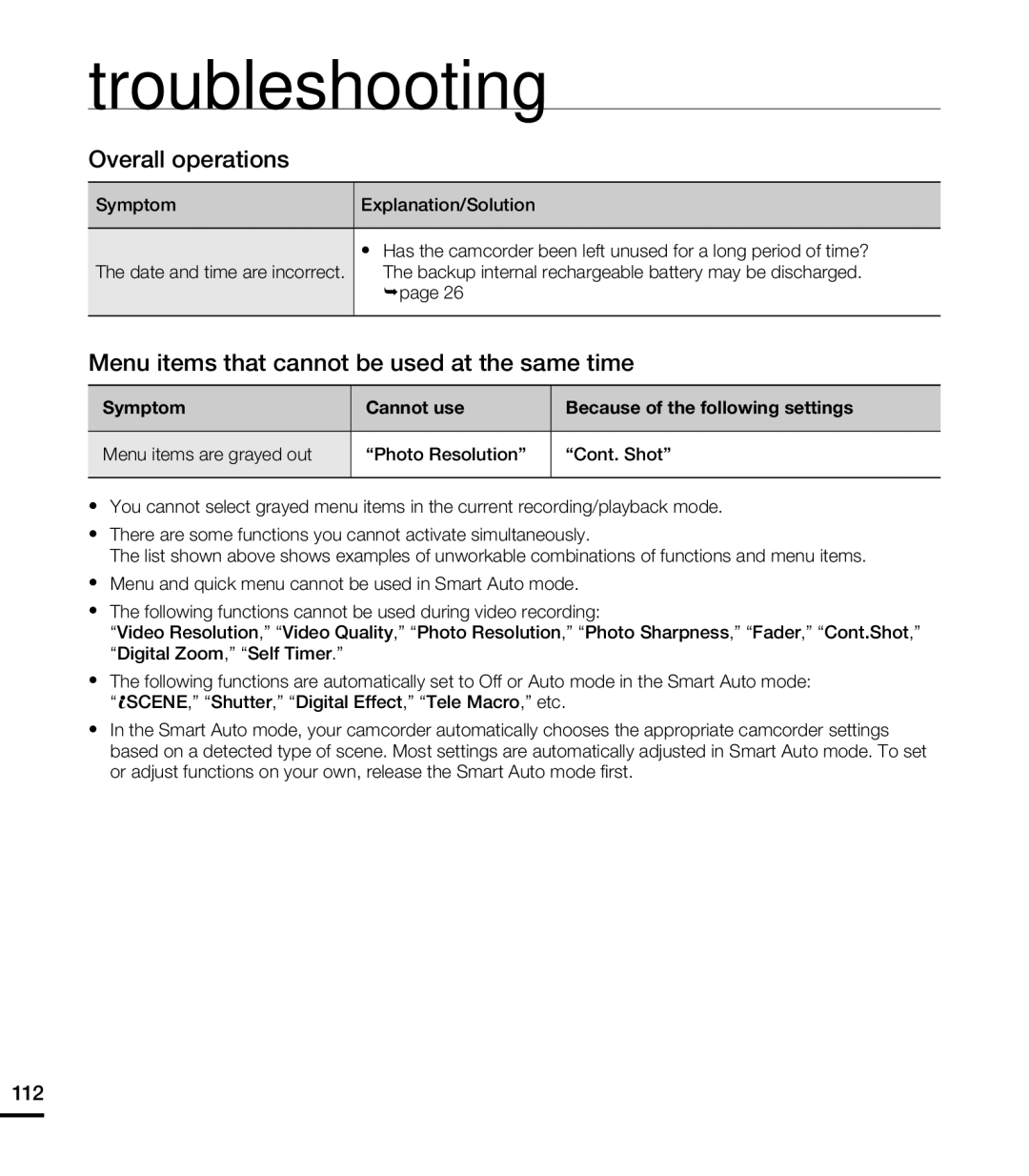 Samsung HMX-T10WN, HMX-T10ON, HMX-T10BN user manual Overall operations, 112 