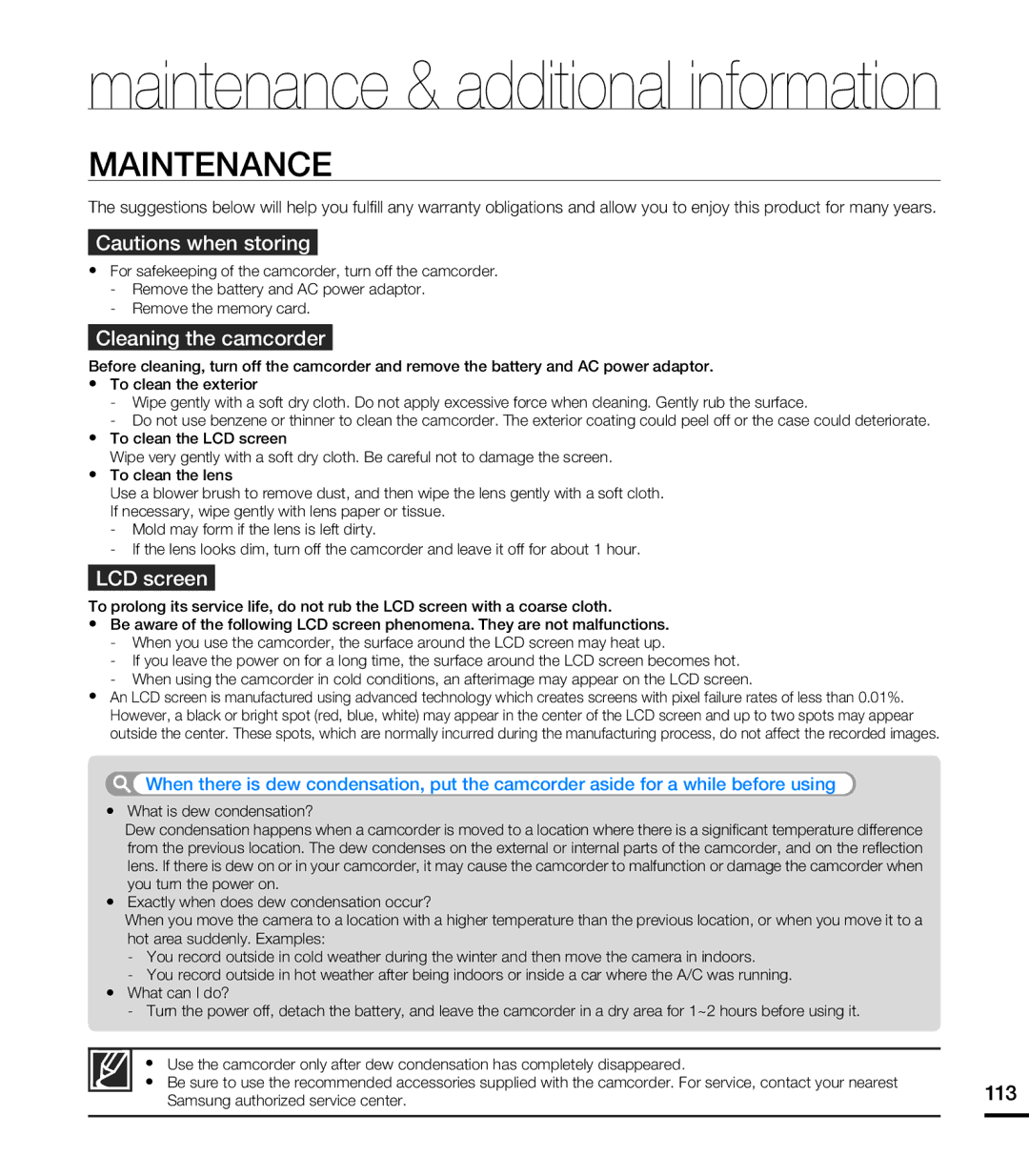 Samsung HMX-T10ON, HMX-T10BN, HMX-T10WN user manual Maintenance, Cleaning the camcorder, LCD screen, 113 