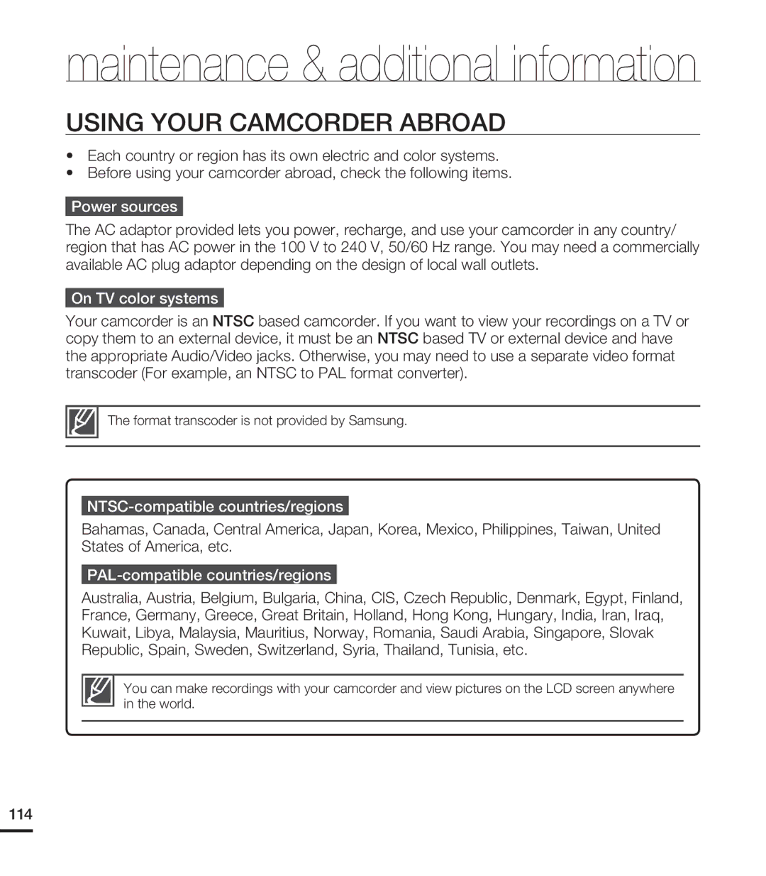 Samsung HMX-T10BN Using Your Camcorder Abroad, Power sources, On TV color systems, NTSC-compatible countries/regions 