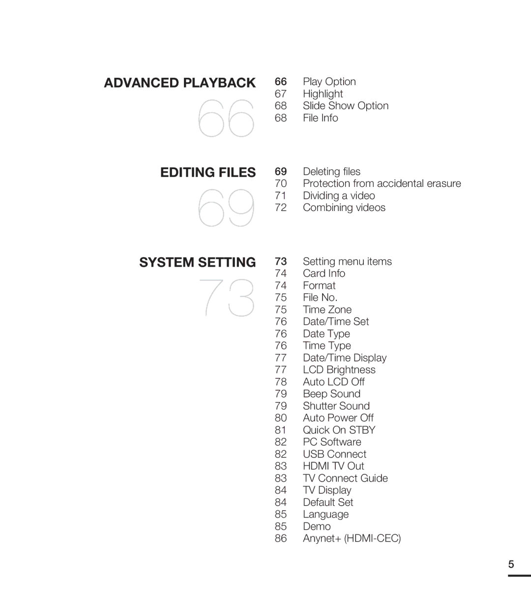 Samsung HMX-T10ON, HMX-T10BN, HMX-T10WN user manual Advanced Playback Editing Files System Setting 