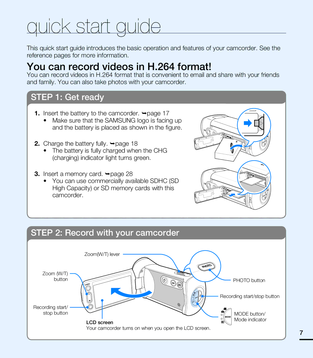 Samsung HMX-T10WN Quick start guide, You can record videos in H.264 format, Insert the battery to the camcorder. page 