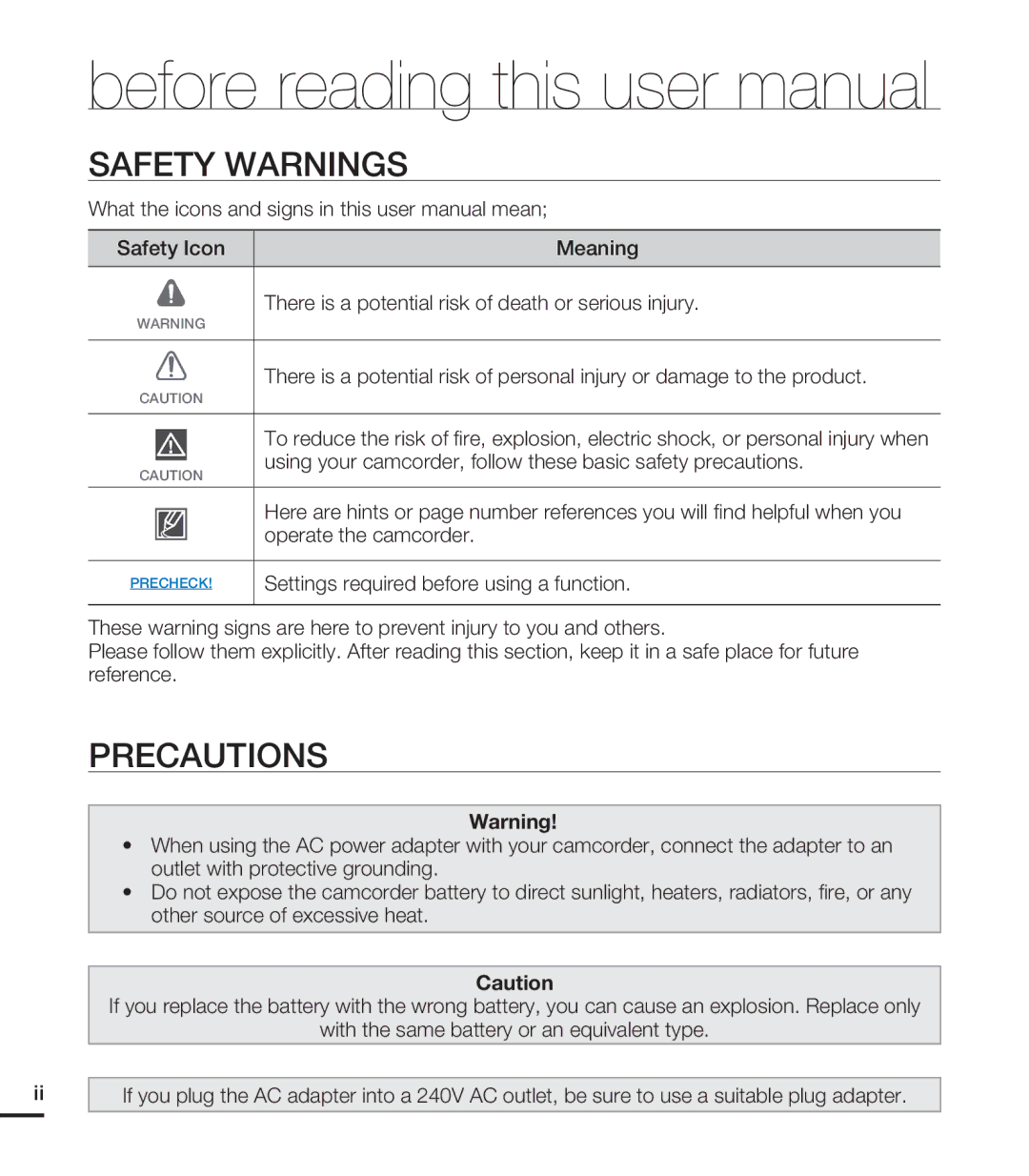 Samsung HMX-T10WN, HMX-T10ON, HMX-T10BN user manual Safety Warnings, Precautions, Settings required before using a function 