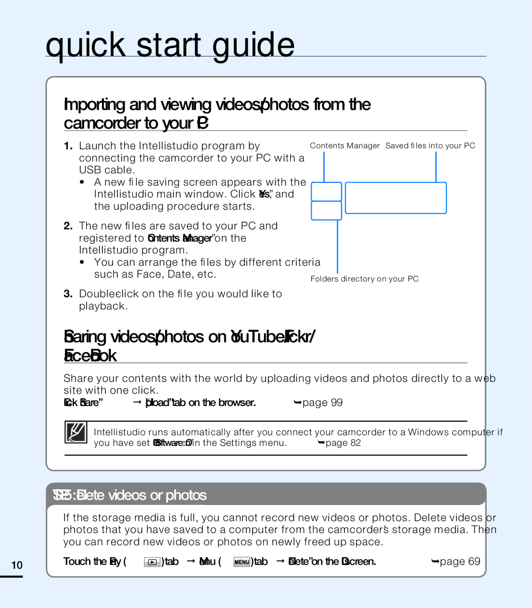 Samsung HMX-T10WN, HMX-T10ON, HMX-T10BN user manual Sharing videos/photos on YouTube/Flickr FaceBook, Delete videos or photos 