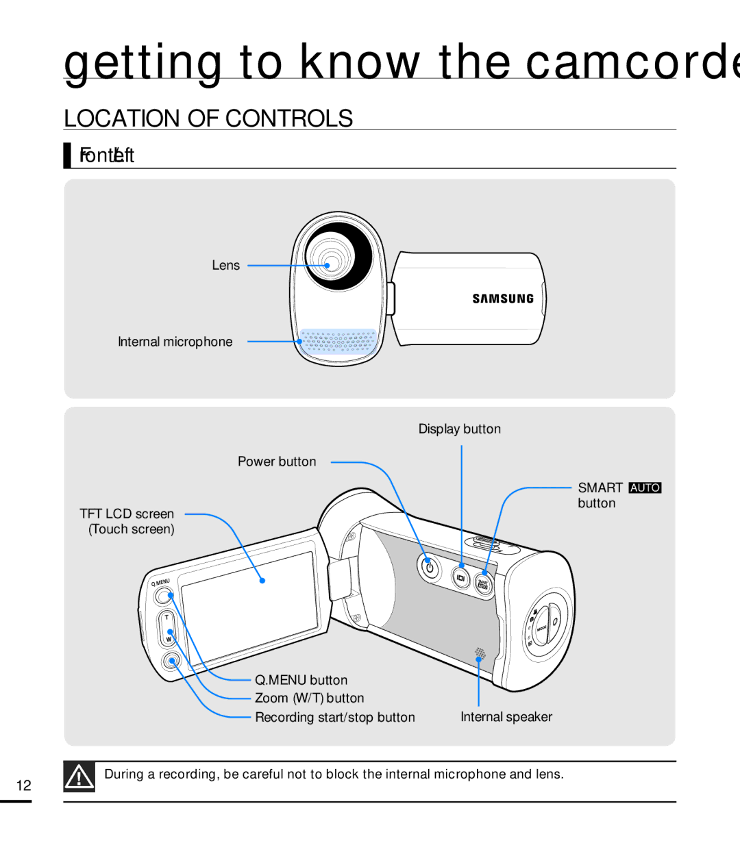 Samsung HMX-T10BN, HMX-T10ON, HMX-T10WN user manual Location of Controls, Front/Left, Internal speaker 