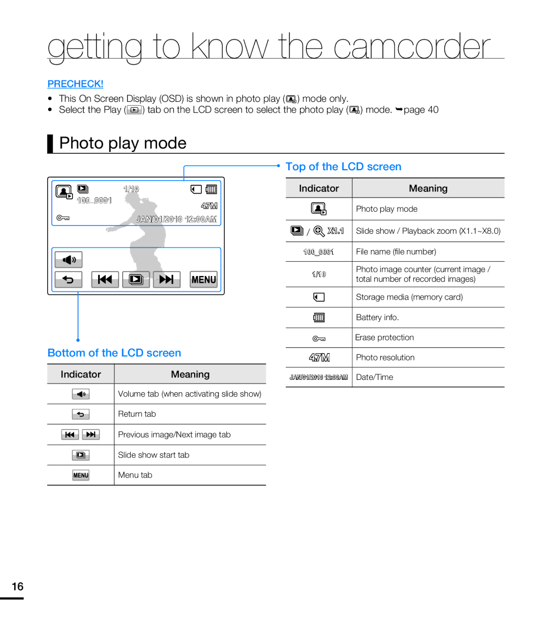 Samsung HMX-T10WN, HMX-T10ON, HMX-T10BN user manual Photo play mode 