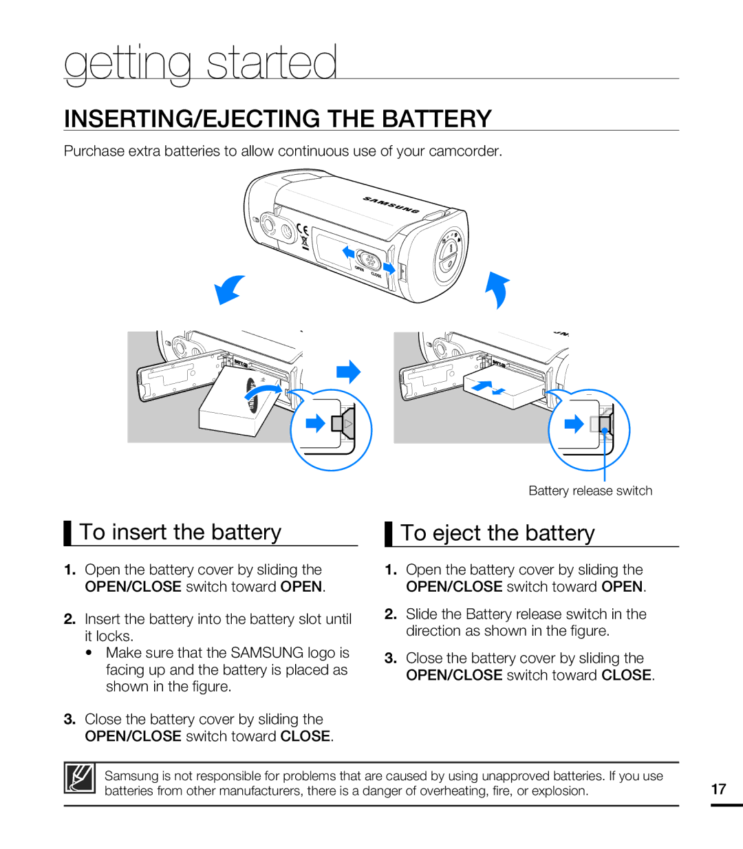 Samsung HMX-T10ON, HMX-T10BN Getting started, INSERTING/EJECTING the Battery, To insert the battery, To eject the battery 