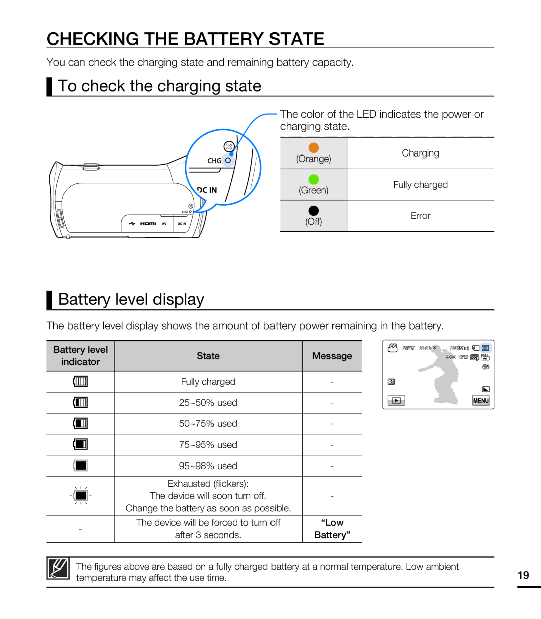 Samsung HMX-T10WN, HMX-T10ON, HMX-T10BN Checking the Battery State, To check the charging state, Battery level display 