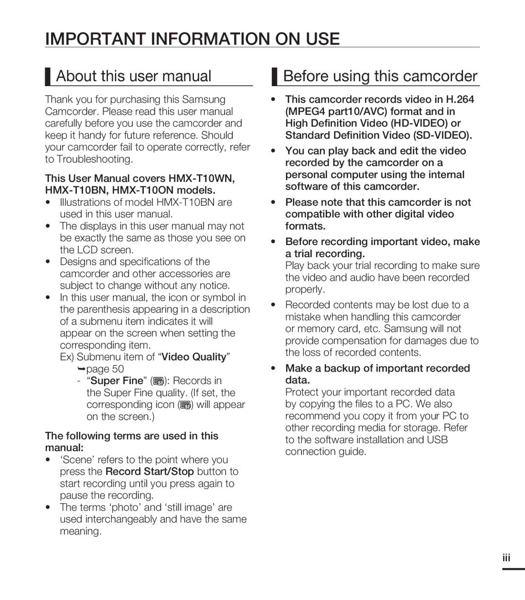 Samsung HMX-T10ON, HMX-T10BN, HMX-T10WN user manual Important Information on USE, Before using this camcorder 