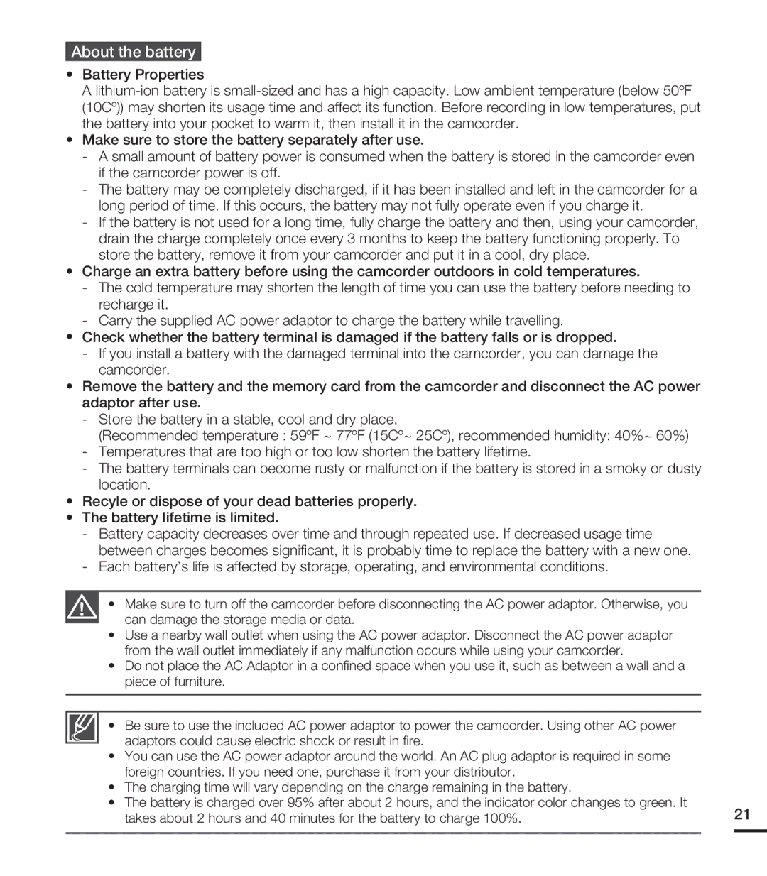 Samsung HMX-T10BN, HMX-T10ON, HMX-T10WN user manual About the battery, Battery Properties 