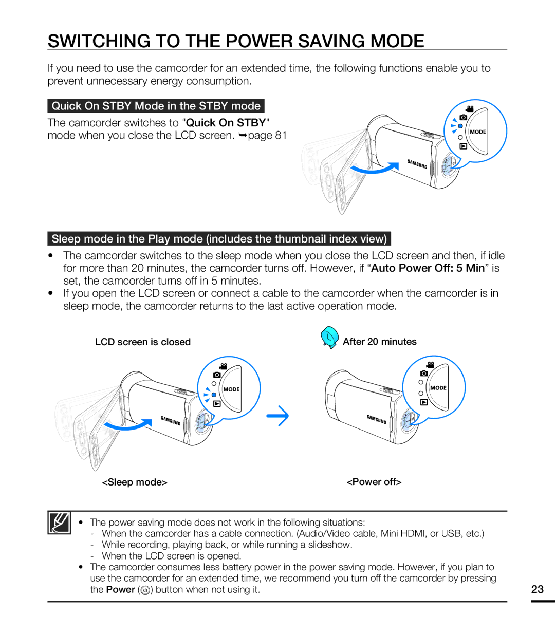 Samsung HMX-T10ON Switching to the Power Saving Mode, Quick On Stby Mode in the Stby mode, Power button when not using it 