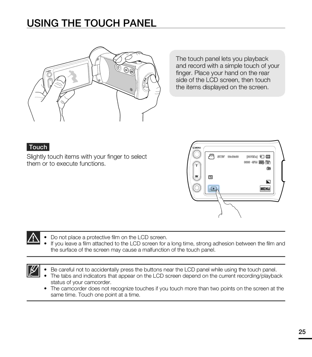 Samsung HMX-T10WN, HMX-T10ON, HMX-T10BN user manual Using the Touch Panel 