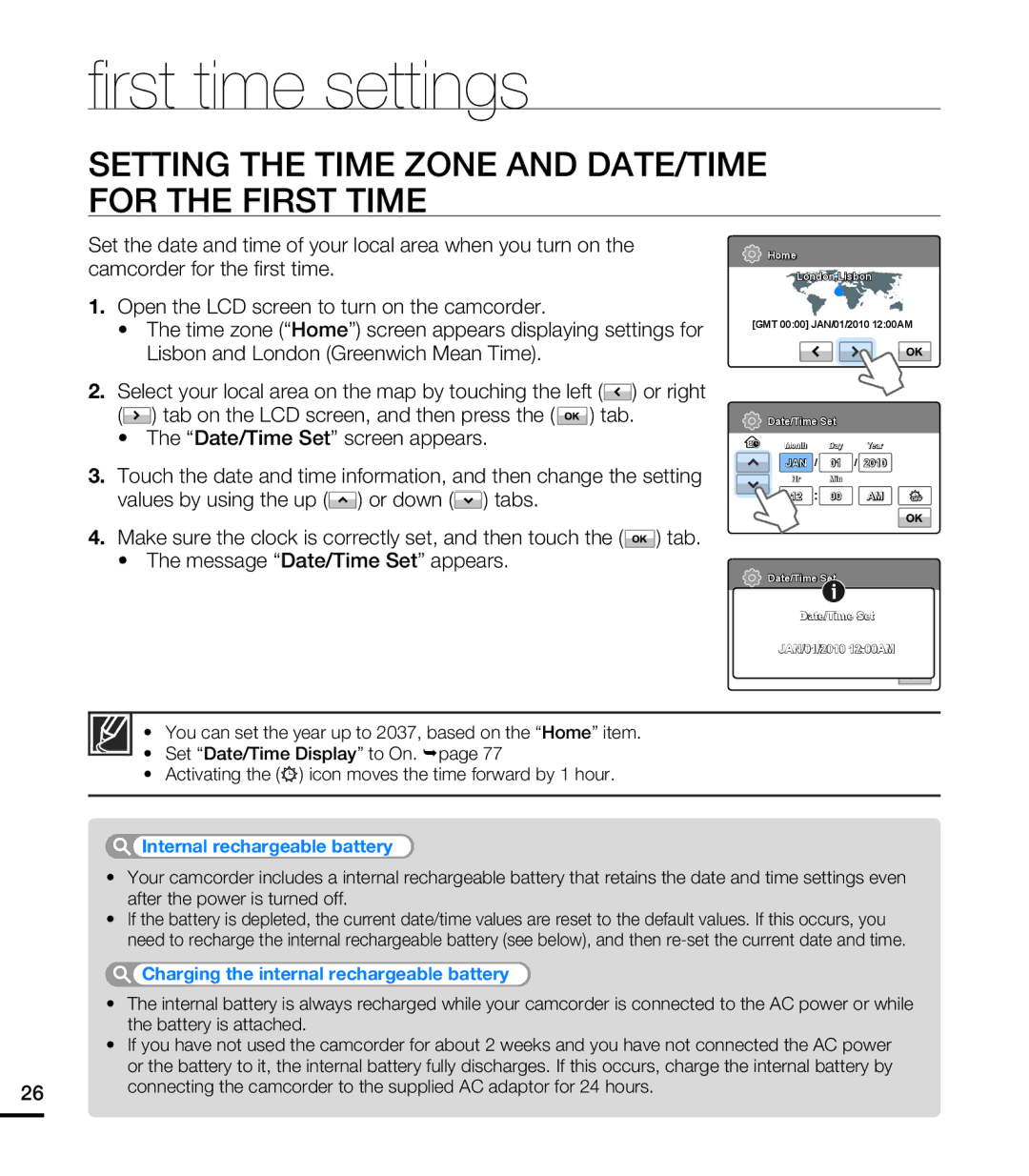 Samsung HMX-T10ON, HMX-T10BN, HMX-T10WN Fi rst time settings, Setting the Time Zone and DATE/TIME for the First Time 