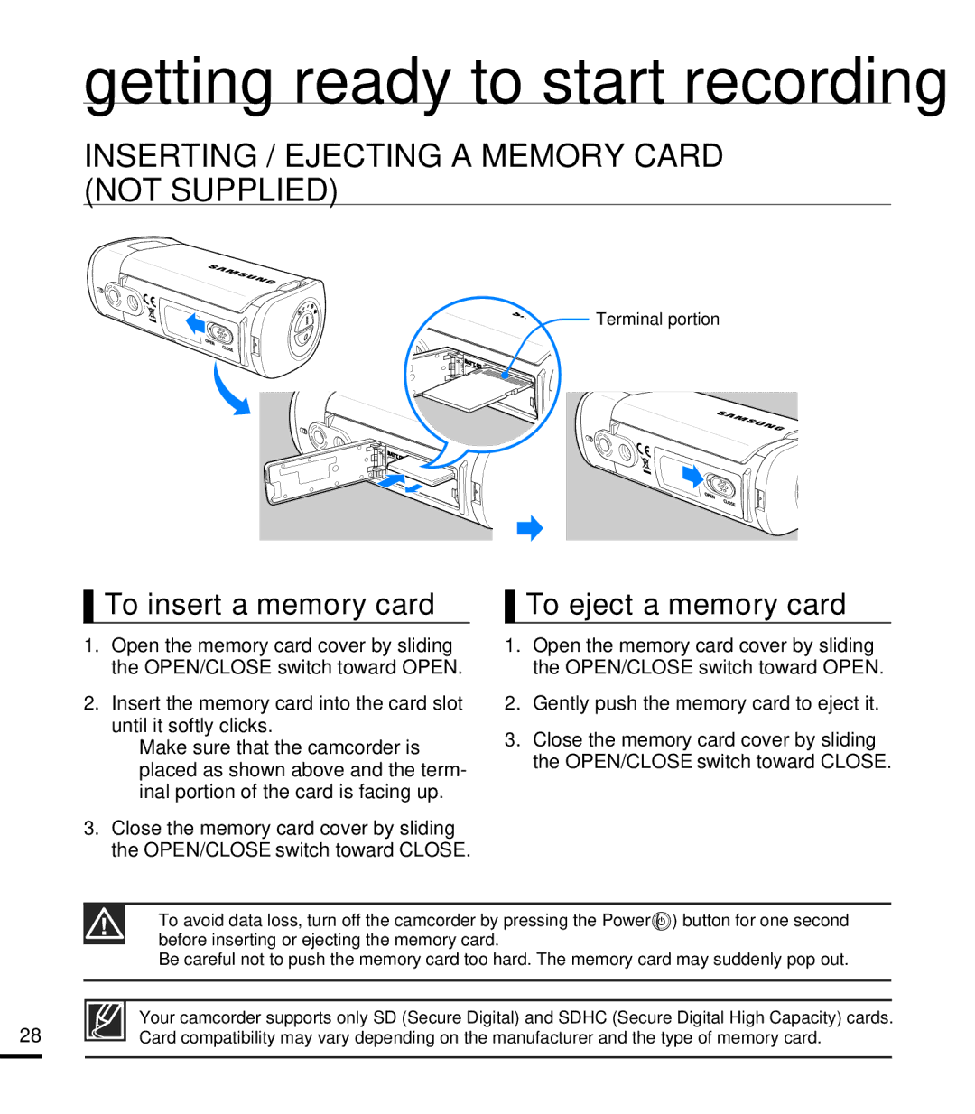 Samsung HMX-T10WN Getting ready to start recording, Inserting / Ejecting a Memory Card not Supplied, Terminal portion 