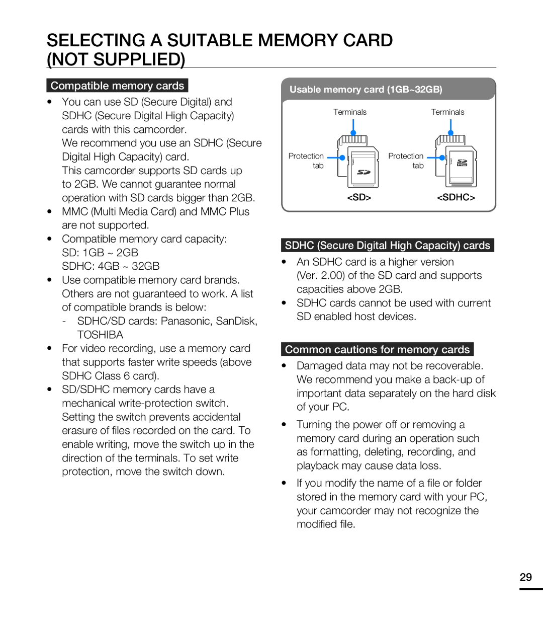 Samsung HMX-T10ON Selecting a Suitable Memory Card not Supplied, Compatible memory cards, Common cautions for memory cards 