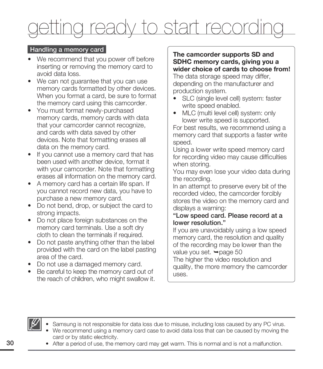 Samsung HMX-T10BN, HMX-T10ON, HMX-T10WN user manual Handling a memory card 