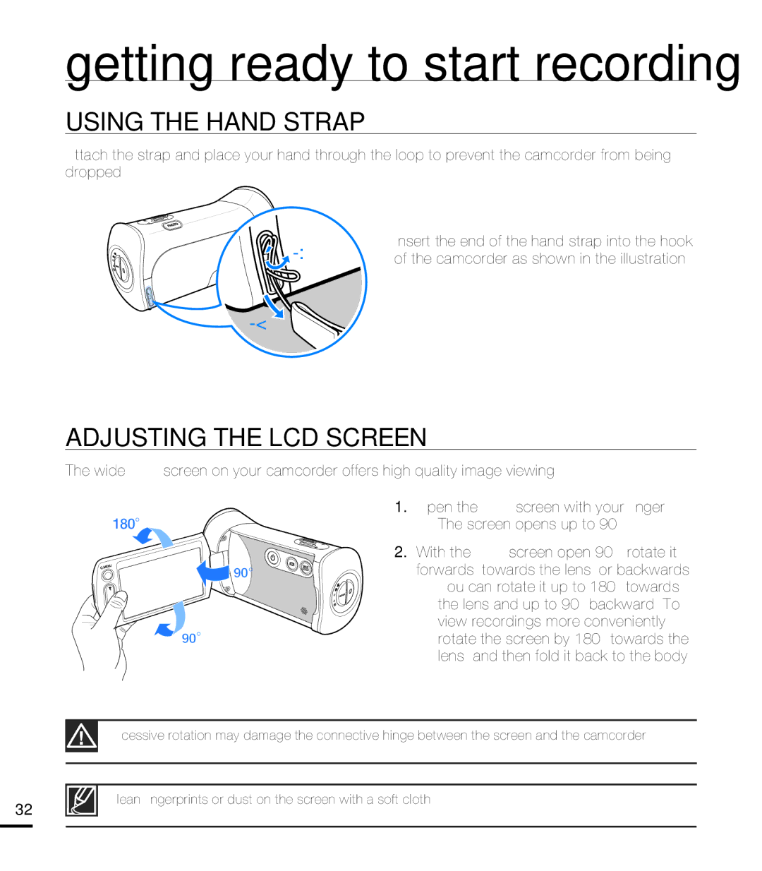 Samsung HMX-T10ON Using the Hand Strap, Adjusting the LCD Screen, Insert the end of the hand strap into the hook 