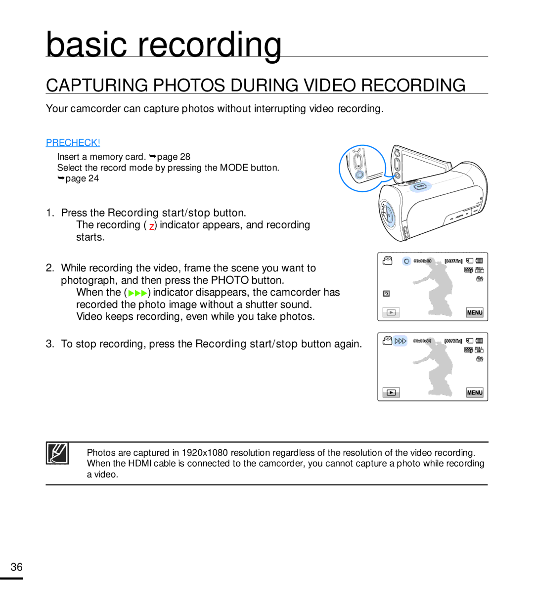 Samsung HMX-T10BN, HMX-T10ON, HMX-T10WN user manual Capturing Photos During Video Recording 