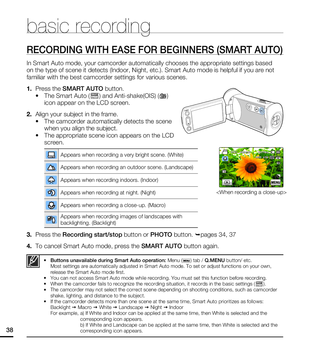 Samsung HMX-T10ON Recording with Ease for Beginners Smart Auto, When recording a close-up, Corresponding icon appears 