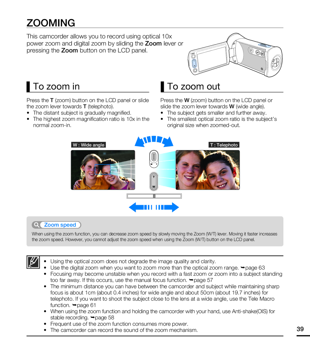 Samsung HMX-T10BN, HMX-T10ON, HMX-T10WN user manual Zooming, To zoom To zoom out, Zoom speed 