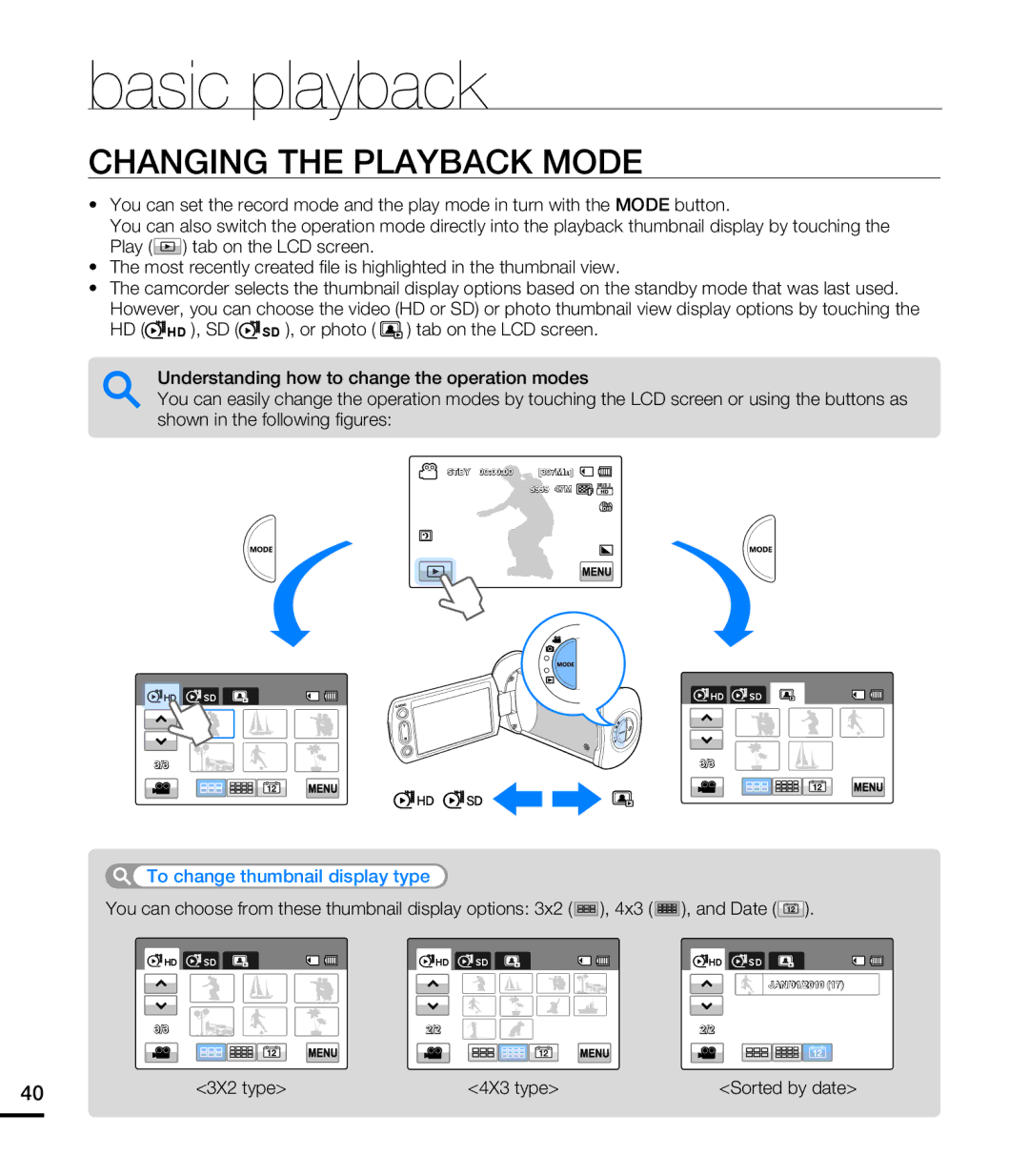 Samsung HMX-T10WN Basic playback, Changing the Playback Mode, To change thumbnail display type, 3X2 type 4X3 type 